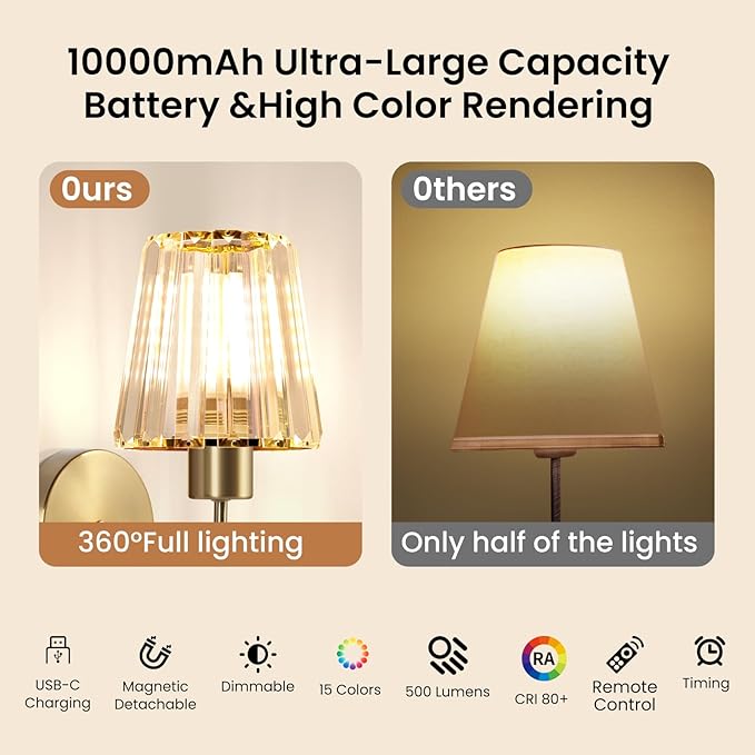 Wireless Sconces Wall Decor Set of 2 for Room Easy to Install | Rechargeable Battery Operated Light Bulbs 10000mAh Remote Control Timer Dimmable 15RGB Modern Gold Crystal Lampshade