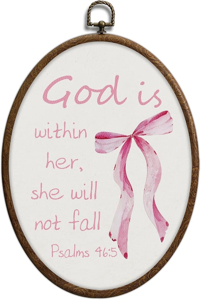 Coquette Pink Bow Christian Oval Wall Art, Bible Verse Scripture Oval Framed Wall Art, Waterproof Cottage Core Home Decor for Western Farmhouse Bedroom Living Room, Home Retro Decor Products, 05
