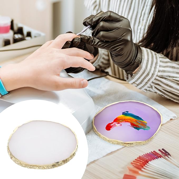 2 Pcs Resin Nail Art Palette, Nail Painting Mixed Color Palette Makeup Mixing Palettes Gold Edge Nails Polish Palettes Holder Nails Gel Color Display Board Pallet