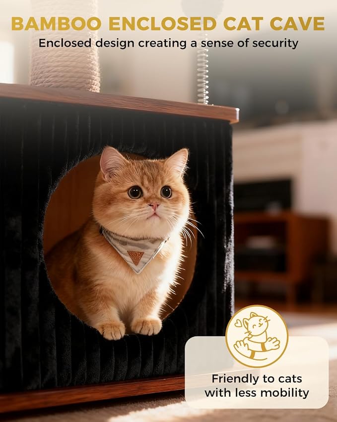 Small Cat Tree for Indoor Kittens, 30" Compact Modern Cat Tower | Natural Bamboo Cozy Condo, Soft Padded Perch, Sisal Scratching Post, Dangling Ball Toy, Stable Base, for Cats up to 15 lbs