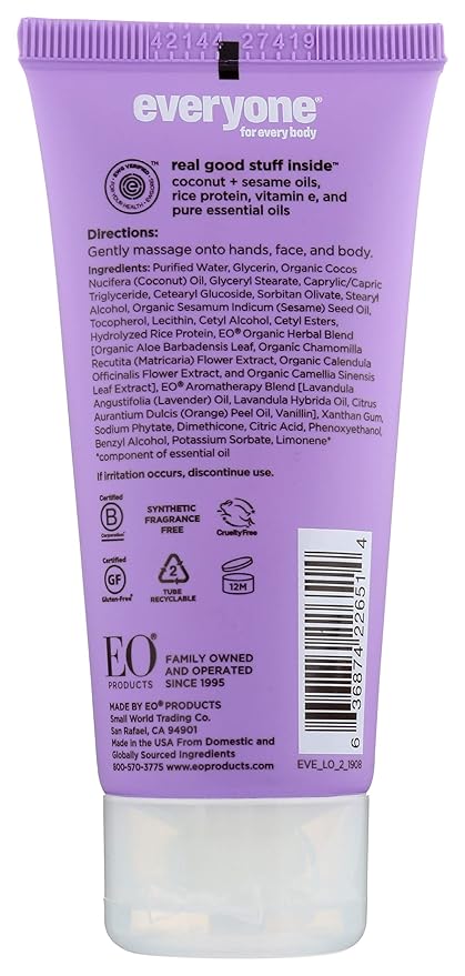 Everyone 2-in-1 Lotion for Hands/Body Travel Size: Vanilla and Lavender, 2 Ounce made with Essential Oils for Men and Women