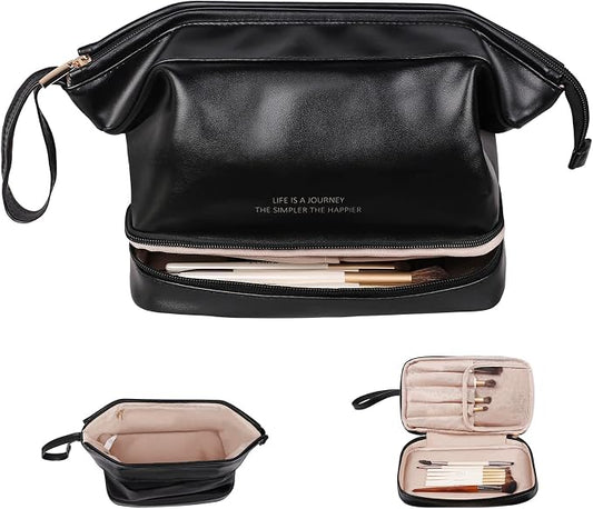 Abiudeng Large Capacity Makeup Bag Ladies Cosmetic Bag Travel Bag with Compartments Portable PU Leather Travel Makeup Bag with Handle