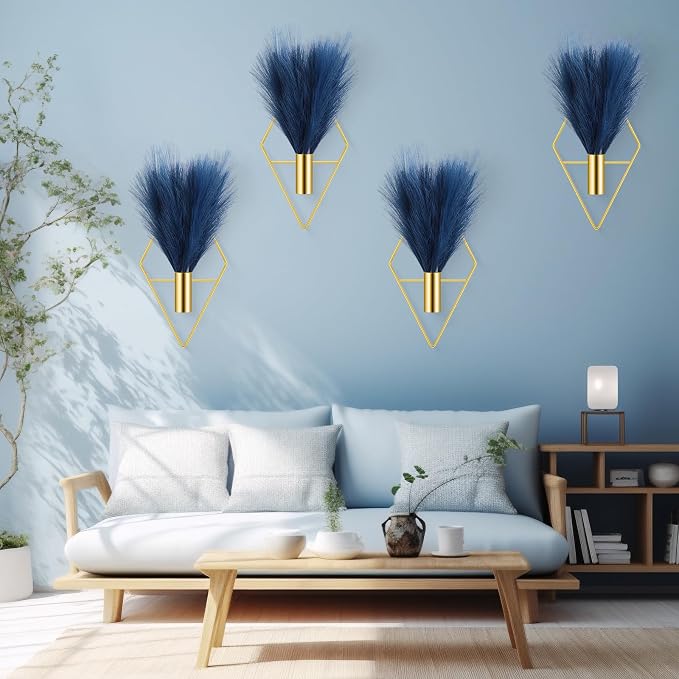 Hanaive 4 Sets Boho Wall Decor Metal Wall Art Hanging Planters with Artificial Pampas Display Modern Home Vase for Bedroom Home Office(Soft,Dark Blue)