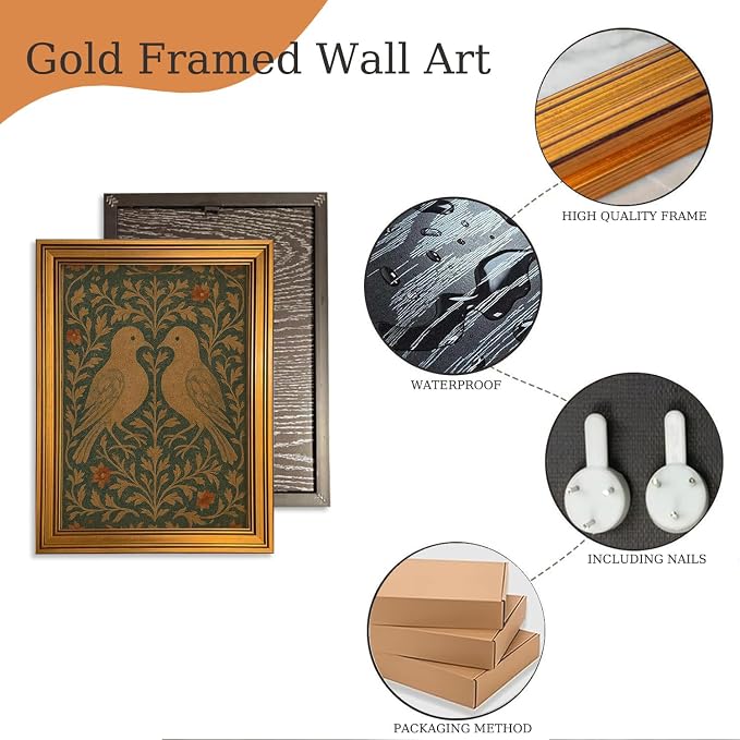 ZLPLLHA Gold Framed Wall Art Vintage Wall Decor Love Birds Canvas Art Botanical Pictures Animals Paintings Antique Artwork William Morris Prints for Living Room Bedroom