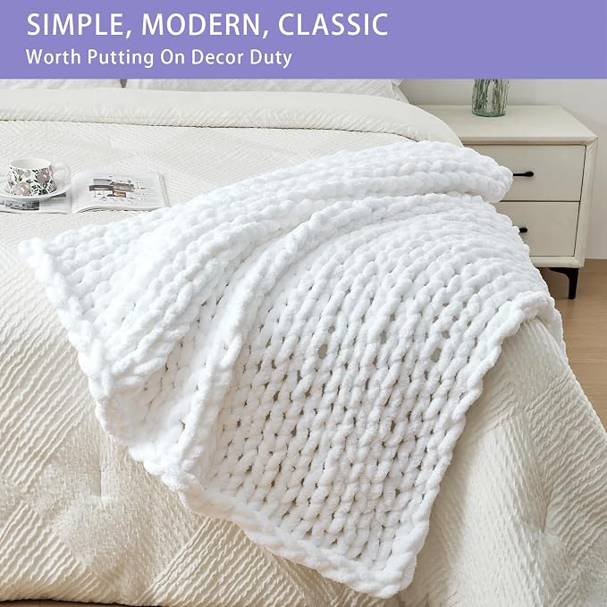 Bigacogo Chunky Knit Throw Blanket for Couch, 40x40 inches, Pure White | Hand Knit with Jumbo Chenille, Soft Breathable Cable Knit for Sofa Bed Living Room, Machine Washable, Gift for Mom Friend