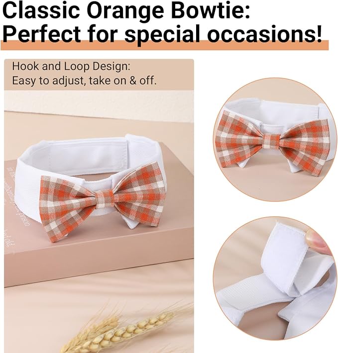 Segarty Dog Bow Tie, Adjustable Orange Plaid Bowtie Collar for Neck Girth 10.2-12.6in, Medium Dog Tie Tuxedo Comfortable Cotton Boy Pets Grooming Accessories for Formal Wedding Holiday Birthday Party