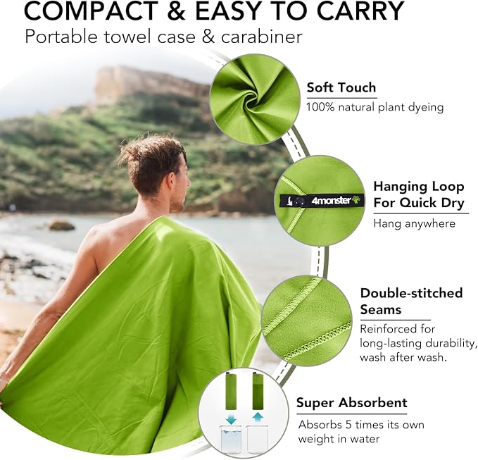 4Monster Quick Dry Travel Towel with Case & Carabiner – Super Absorbent Microfiber Gym & Camping Towel. Compact, Lightweight, Fast Drying for Beach, Swimming, Hiking, Backpacking