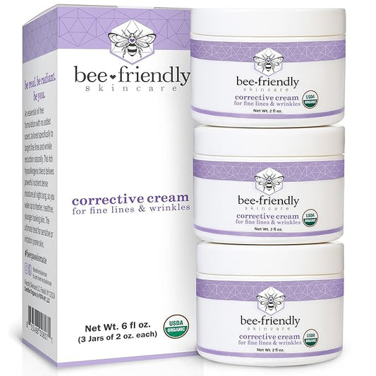 BeeFriendly Organic Corrective Cream, USDA Certified Face Moisturizer Rich Revitalizing Night Cream For Sensitive Skin Aids With Fine Lines, Wrinkles, Crows Feet, Eyes, Face, Neck 6 oz (3 Jars in box)