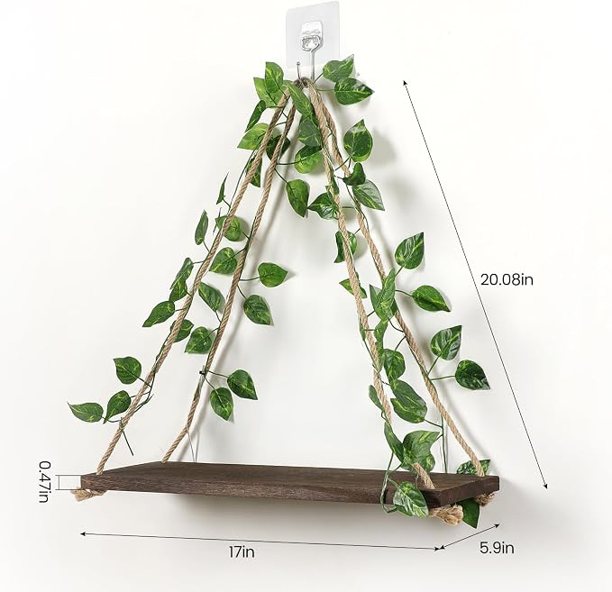 Wall Shelves, Floating Shelves No Drill, Command Shelf, Wall Decor | 2-Pack Hanging Shelves,Renter Friendly Shelves,Trinket Shelf,Room Decor,Comes with Artificial Ivy Vines and LED Strip Lights