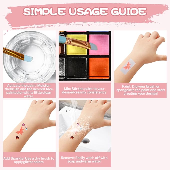54 Color Kids Face Paint Kit - Non-Toxic, Water-Based Palette with Stencils, Brushes, Gems & Glitter for Halloween, Carnival, Costume Parties & Creative Activities
