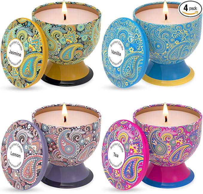 Aromatherapy Candle Stress Relief Gift Set, 4 Packs of 4 Ounces, 100% Soy, Long-Lasting, Suitable for Family fragrances, Holiday Decorations, Weddings (Lemon, Vanilla, Jasmine, Green Tea)