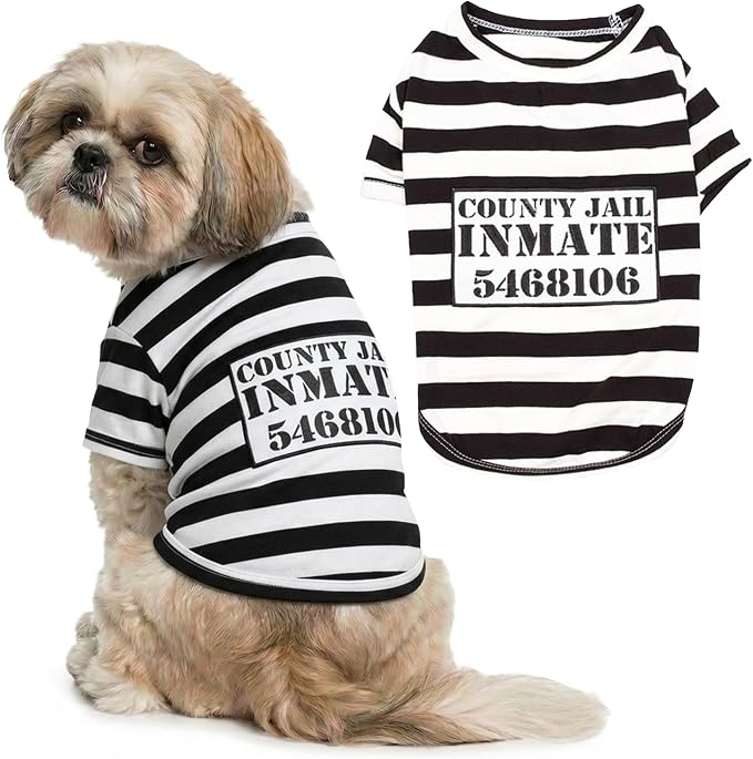 Parisian Pet Prisoner Dog Costume - 100% Cotton Striped Dog Clothes for Medium Dogs - Lightweight Puppy Outfits - Funny Schitzu Clothes - Sleeved Shirt for Dogs - Stretchy and Stylish Pet Costume