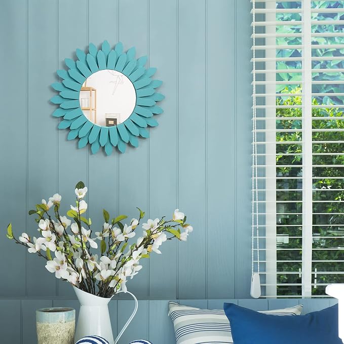 Beach Wall Decor Mirror 12 inch Wood Coastal Wall Decor Sunburst Boho Home Decor Room Decor for Bedroom Living Room Bathroom Cyan