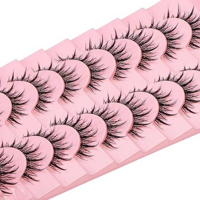 outopen 10 Pairs Manga Lashes Natural Look False Eyelashes Wispy Spiky Anime Lashes Korean Japanese Asian Style Cosplay Fake Eyelashes with Clear Band