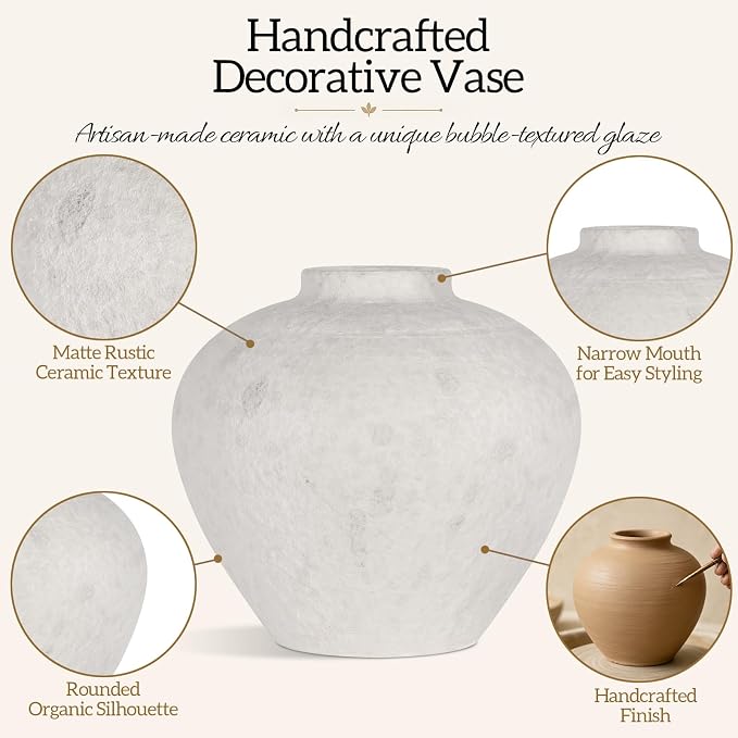 Ceramic Flower Vase Rustic Farmhouse Home Decor | 6.3 Inch White Round Decorative Vase, Ideal Table Decor for Living Room, Wedding, Birthday, Holiday