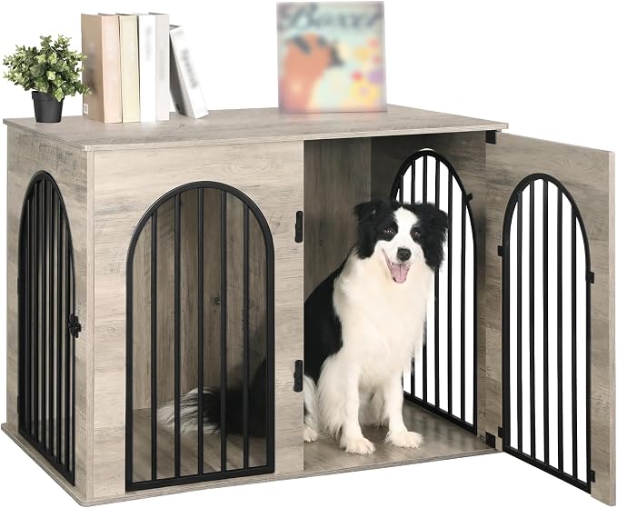 Hzuaneri 44.1'' Dog Crate Furniture,Dog Kennel Indoor for Medium/Large Dogs | Dog Kennel Furniture Wooden Dog Cage Heavy Duty Dog Crate Decorative Pet House End Side Table TV Stand,Greige Black DFC83905B