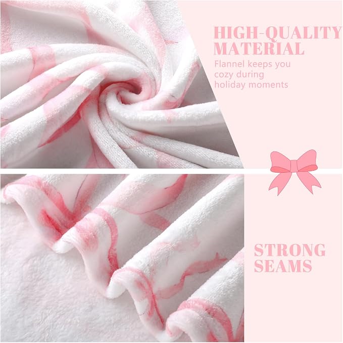 Pink Bow Throw Blanket 60"x80" Soft Flannel for Girls Women | Coquette Aesthetic Decor with Ruffled Edges, Ultra Plush Bed Sofa Blanket, Preppy Gift for Teens, Back to School Dorm Room