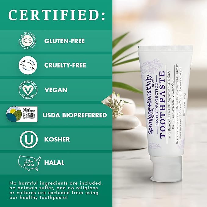 SprinJene Natural Sensitivity Relief Toothpaste – Fluoride Toothpaste for Sensitive Teeth & Cavity Protection – SLS Free with Patented Black Seed Oil & Zinc – Made in The USA (1 Pack)