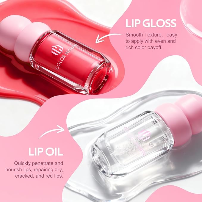 Color Nymph Lip Gloss & Lip Oil Set, Hydrating Non-Sticky Lip Makeup, Nourishing Lip Care with Jojoba Oil & Hyaluronic Acid, Glossy Pigmented Finish, #05 Reckless Love