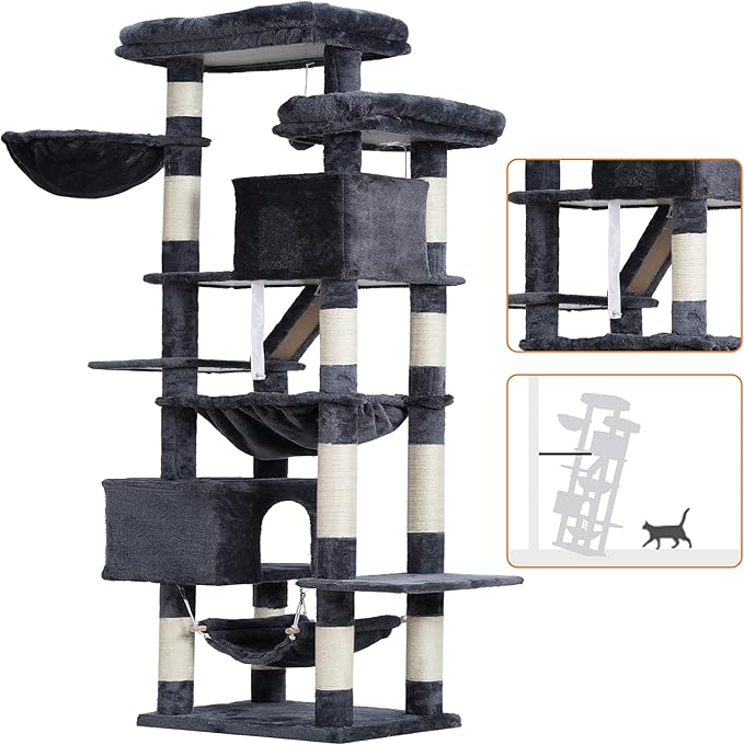 Heybly Cat Tree, 71-Inch-Tall Tower for Indoor Cats with 2 Perches HCT034G | Large Cat Furniture with 2 Big Condos, 2 Hammocks, Basket, Scratching Pad, Multi-Level Cat Condo, Smoky Gray