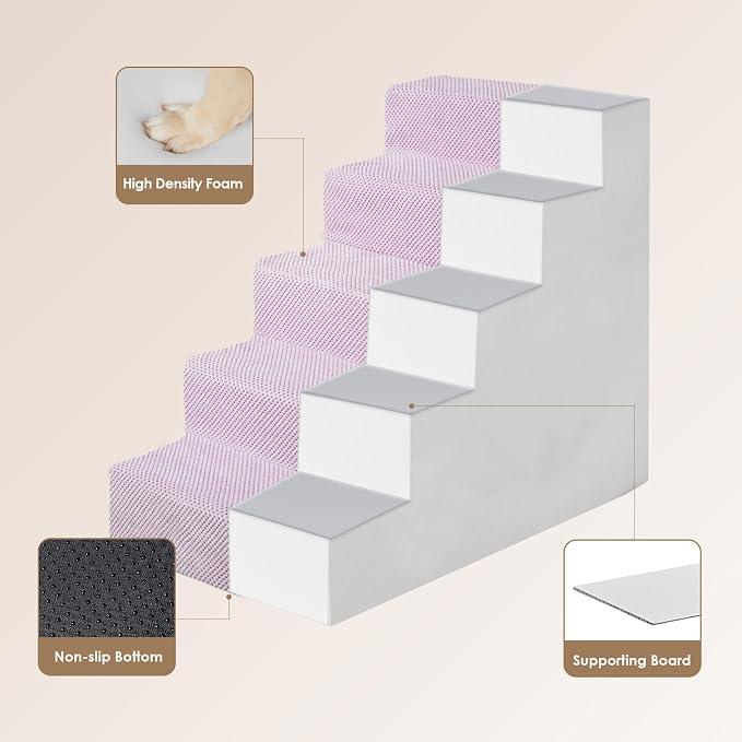 EHEYCIGA Dog Stairs for High Bed 22.5" H, 5-Step Dog Steps, Lilac | Pet Steps for Small Dogs and Cats for Bed, Non-Slip Balanced Pet Ramp Indoor