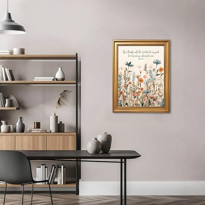 Framed Christian Scripture Wall Art Painting Give Thanks to the Lord Psalm 1361 Floral Print Inspirational Bible Verse Picture Poster Wildflower Faith Decor Canvas Artwork for Home Office 16x24inch