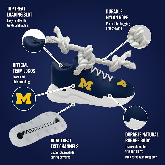NCAA Michigan Wolverines Cleat Sneaker Spike Dog Toy, Treat Dispenser Chew Toy for Dogs, Interactive Rope Tug Toy, Slow Feeder Natural Rubber Dog Toy with Official Team Logo for Puppies & Adult Dogs
