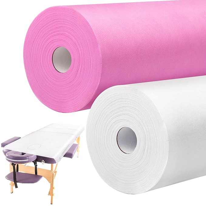 Tudomro 2 Rolls Disposable Non Woven Bed Sheets 24 x 71 Inch Massage Table Paper Covers Non Woven Fabric Massage Sheets Waterproof Spa Breathable Bed Cover for Beauty Salon (White,Pink)