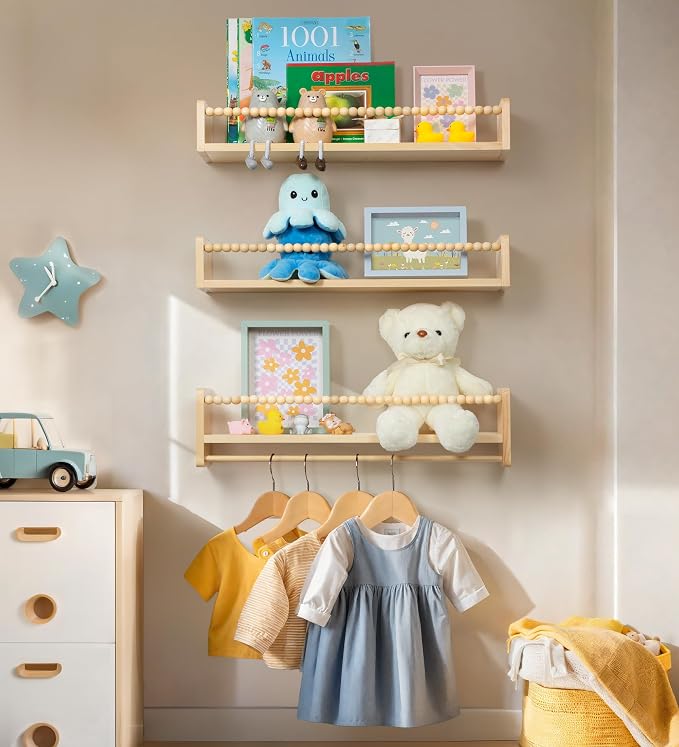 Maxpeuvon Wood Nursery Floating Shelves Cloud Shape Set of 2 | Natural Wood Nursery Shelves with Towel Bar, Wall Storage for Books, Toys and Decor, for Kids Room, Bedroom, Living Room