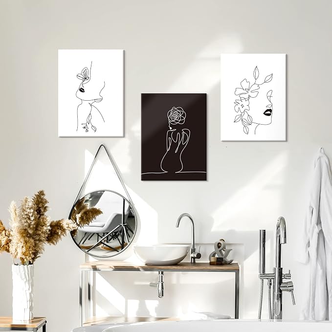 Chadow Artwork Minimalist Line Art Prints Set of 3 Abstract Women Faces Flower Wall Art Black and White Line Drawing Painting Modern Aesthetic Poster for Girls Bedroom Bathroom Living Room Decor