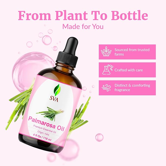 SVA Palmarosa Essential Oil 4 Fl Oz – for Diffuser, Skin & Hair Care – Ideal for Massage & DIY Blends – with Dropper