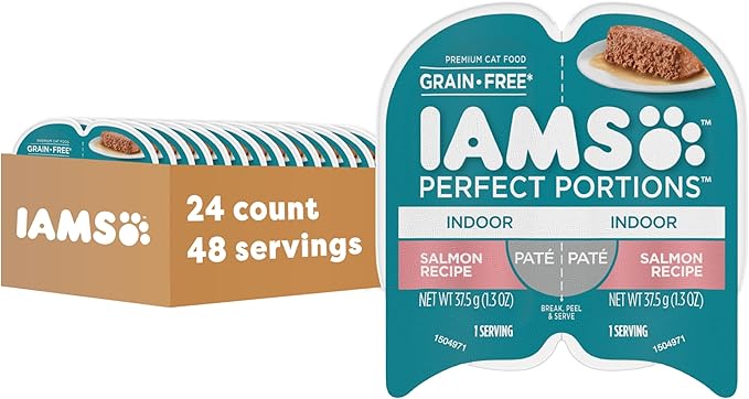 IAMS Perfect Portions Indoor Pate Wet Cat Food, Salmon, 24 Count | Grain-free, Vitamin E immune support, dietary fiber & prebiotic for digestion, no fillers, snap-peel-serve 2.6 oz. twin-packs