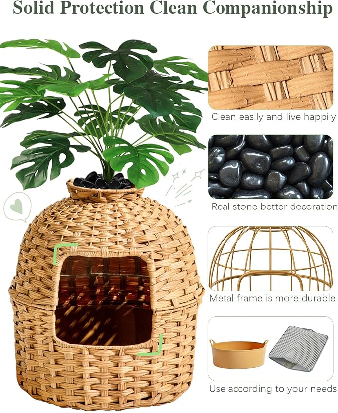 SETVSON Cat Litter Box Enclosure Plant, PE Rattan Kitty House, Natural | Decorative Planter Design, Waterproof Inner PVC Liner, Includes Artificial Plants, Real Stones, Litter Mat, 20x20 Inches