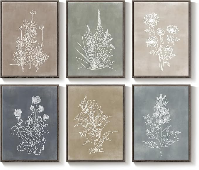 Framed Neutral Botanical Wall Art Set for Living Room, Vintage Minimalist Floral Canvas Painting Prints, Rustic Modern Farmhouse Boho Flower Line Pictures for Bedroom Dining Room Wall Decor, 12x16 In