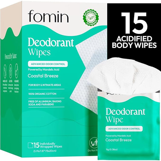 FOMIN Acidified Travel Deodorant Wipes For Women & Men - 15 Count - Coastal Breeze - pH Balanced, Mini Deodorant Travel Size Wipe - Plastic-Free, Individually Wrapped Underarm Body Wipes