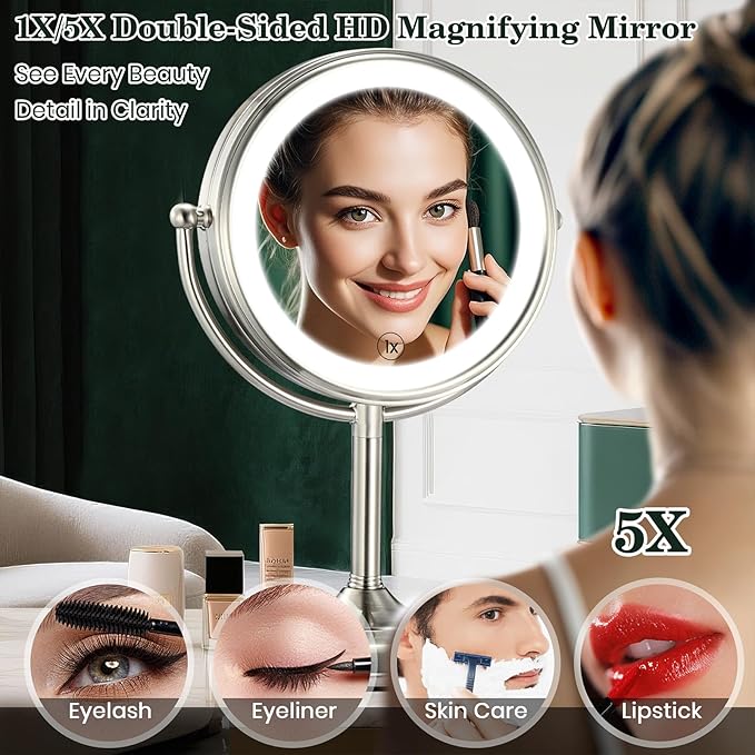 VESAUR 11.8" Extra Large 17" Tall Lighted Makeup Mirror, 1X/5X/10X 3-Sided Magnifying Mirror with 96 LEDs, 3 Color Dimmable Lights, 360° Swivel Dual Power Vanity Mirror, Nickel Finish Luxury Gift Box