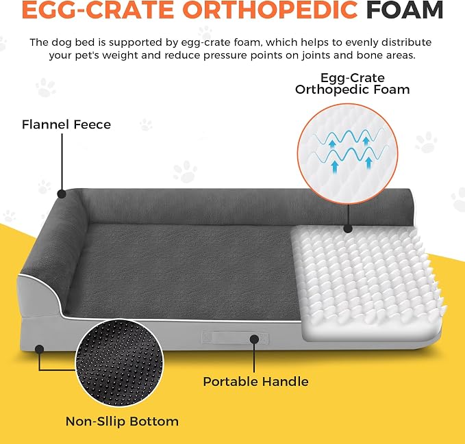 XXL Orthopedic Dog Bed, Extra Large Dogs, 48"x35", Grey Flannel | Waterproof, Washable Cover, L-Shaped Pet Couch, Egg-Crate Foam for Pressure Relief, Portable Handle
