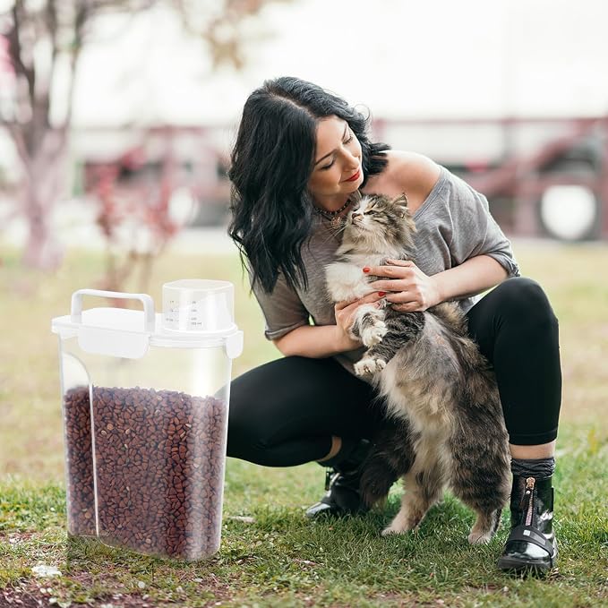 5Lbs Airtight Dog Cat Storage Container Portable with Upgraded Large Spout and Cup, Plastic Pet Food Dispenser for Small Animal Kibble, Bird Seed, Oatmeal, Rice, Flour, Brown Sugart-2 Pack Milky white