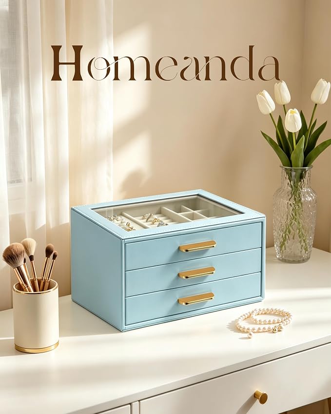 Homeanda Jewelry Boxes Organizer with Glass Lid, 3-Layer PU Leather, Blue | Modern style display case with 3 drawers for daily jewelry, women, mom or girl gift