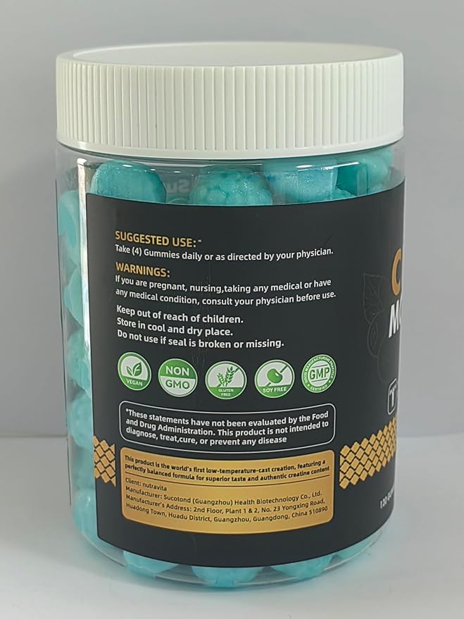 Nutravita Creatine Monohydrate Gummies for Men & Women-5g of Creatine Monohydrate per Serving - Sugar Free,Vegan, Blueberry Flavor, 120 Count