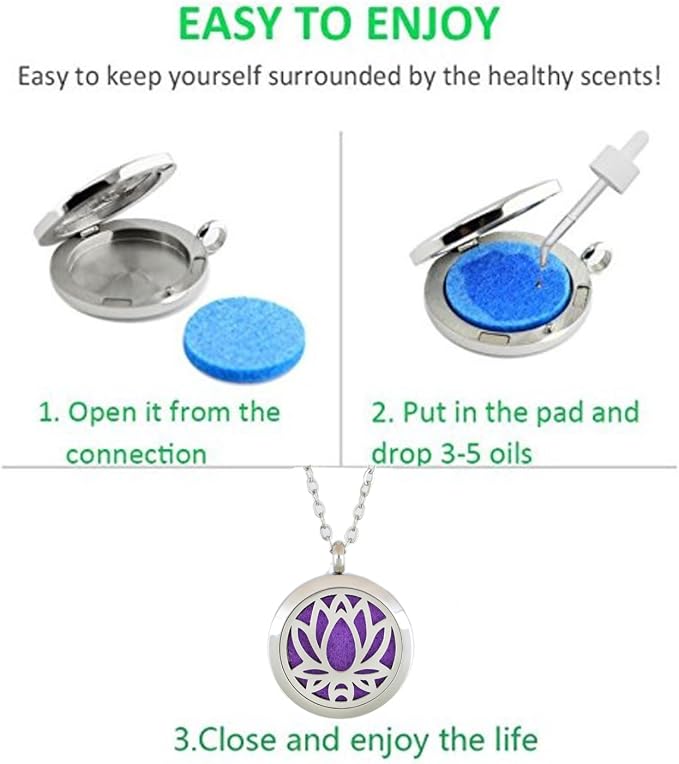 Aromatherapy Essential Oil Diffuser Stainless Steel 30MM Silver Magnetic Locket Pendant with Chain Necklace and Colored Refill Pads & Diffuser Bracelet All in a Velvet Bag (lotusflower)