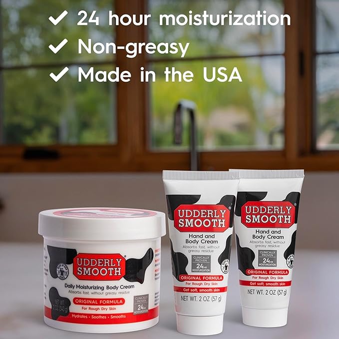Udderly Smooth Hand (2 Oz) & Body Cream (12 Oz) Bundle, Daily Moisturizer to Restore Dry or Irritated Skin, Dermatologist Tested, 3 Items Total