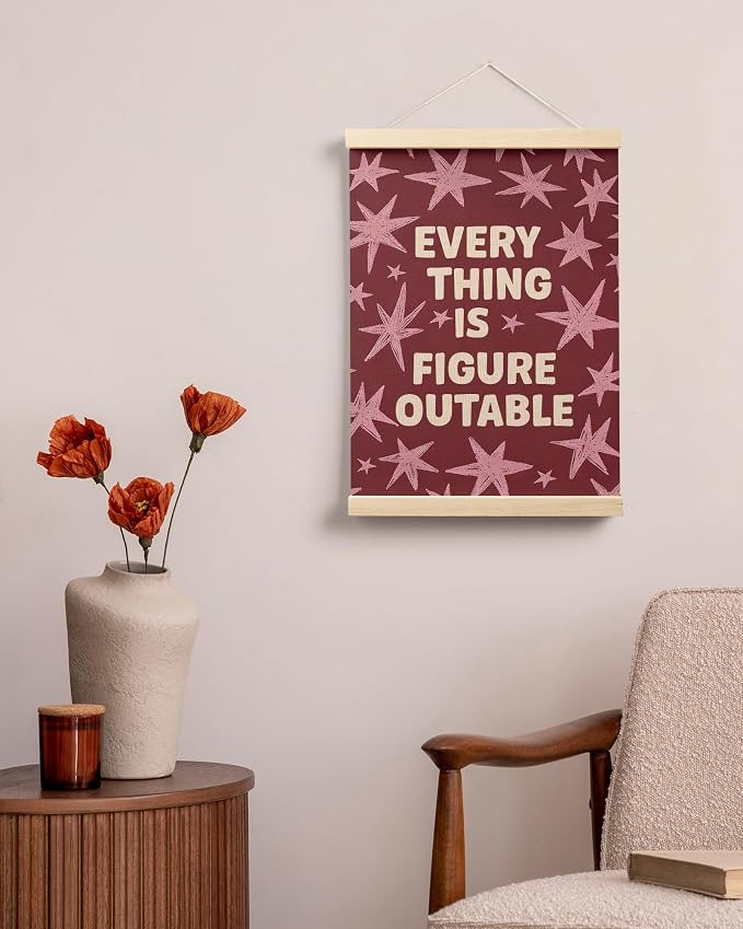 FGFK Everything Is Figureoutable Inspirational Wall Art Poster Hanger Frame, Retro Red and Pink Star Positive Affirmations Canvas Prints Framed Wall Decor for Home Classroom Office, 12x16 Inch