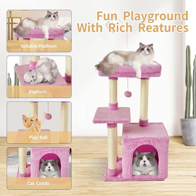 Cute Cat Tree Kitten Cat Tower Condo Cat Furniture Sisal Scratching Posts P | FISH&NAP For Indoor Jump Platform Activity Center Play House Pink