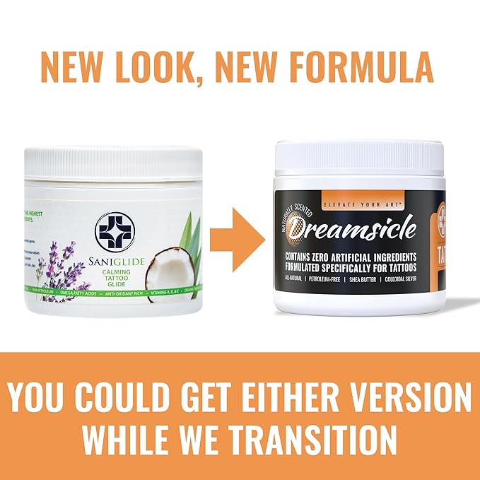 Saniderm Tattoo Glide (4 oz) – Dreamsicle, Naturally Scented with Orange and Vanilla Essential Oils, Made with Premium Ingredients – Use During and After the Tattoo Process – Soft, Whipped Texture