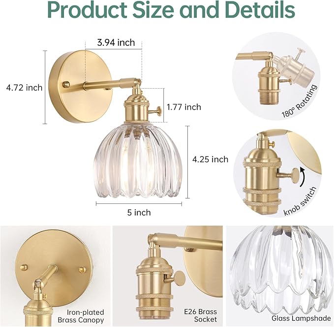 Shenmoyl Vintage Wall Sconces with Transparent Tulip Glass Lampshade 180 Degree Adjustable Brass Sconces Hradwired Modern Wall Lighting Fixture with Switch for Bedside Bedroom Doorway