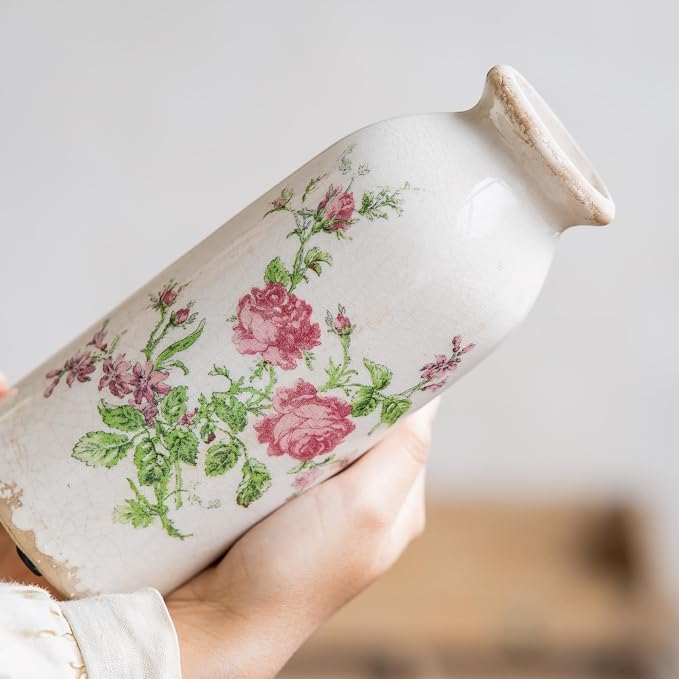 Teweiqi Ceramic Rustic Farmhouse Vase, Distressed Floral Pattern, Holds Water, With Handle, 7.8 inches