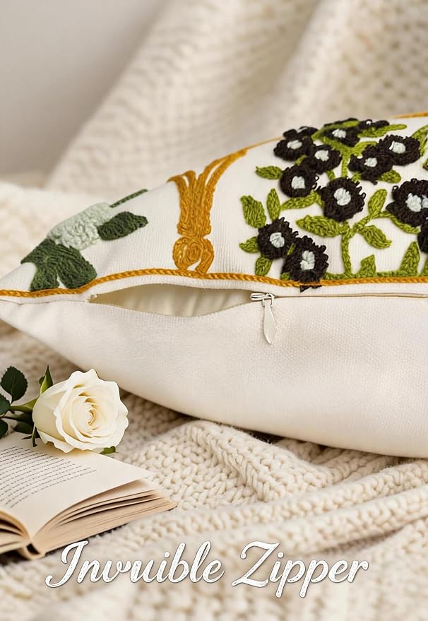 Alysheer Spring Summer Floral Embroidered Decorative Throw Pillow Cover 18"x 18" Set of 2, Red Black Flower Embroidery Patterned Multicolor Cushion Case for Sofa Couch Living Room Bedroom Outdoor