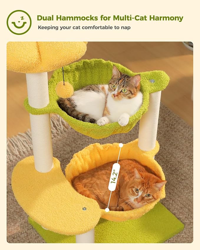 37.4" Flower Cat Tree with 2 Hammocks & 6 Sisal Posts, Yellow | Flower top perch, 2 spacious hammocks, 6 sisal posts, Cute small tower, For indoor kittens, Sturdy build