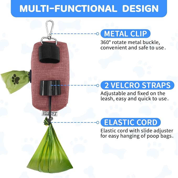 Dog Poop Bag Holder with Treat Pouch, 2 Zipper Pockets & Leash Clip
